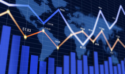 棒グラフと折れ線グラフのビジネス資料と世界地図、財務グラフ、金融チャート