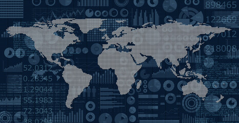 様々なビジネスグラフやチャートと世界地図