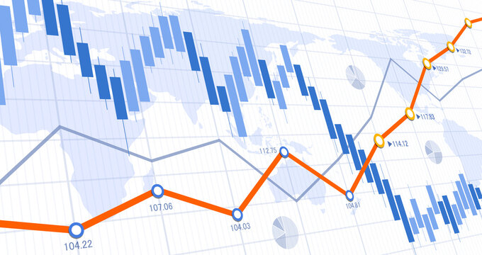 折れ線グラフと為替チャート、世界地図、世界の経済イメージ