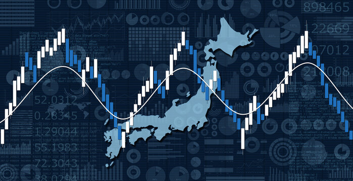 金融チャートと日本地図、ビジネス資料背景、日本経済の動向イメージ