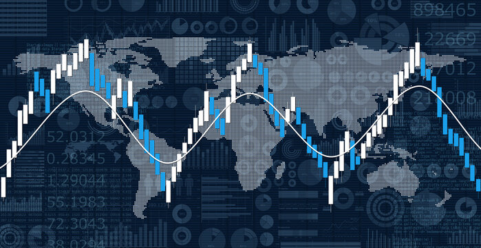 金融チャートと世界地図、ビジネス資料背景、世界経済の動向イメージ