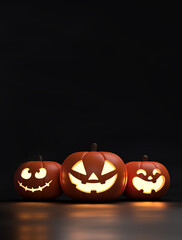 Set of scary and spooky cute face halloween pumpkins with glow light inside in night light . 3D rendering . Halloween Day . Vertical poster , banner or card template with text space on dark background