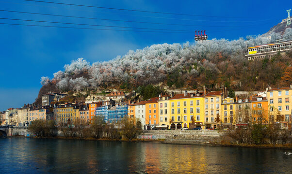 View on colorful Grenoble with cable car in France outdoor.