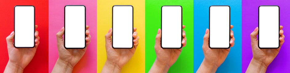 Mockup of mobile phone in hand, set of images on different bright colored backgrounds