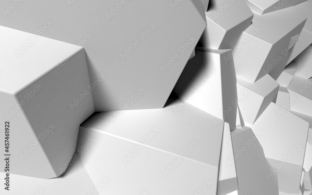 Poster Abstract background with white 3D shapes flying in the light as a messy array or chaotic structure for any pastel backdrop. 3D illustration