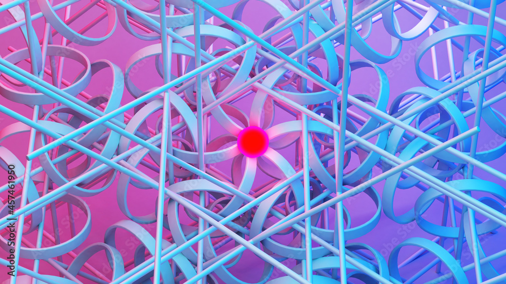 Poster Scientific or technology abstractions with canes, sticks or rods flying in surreal symmetric structure around the red light orb. Abstract background with purple and blue neon tech structure. 3D