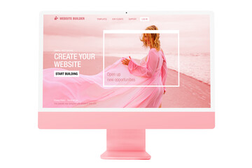 Sample website on modern pink colored desktop computer - obrazy, fototapety, plakaty