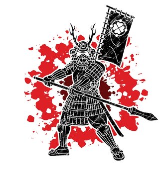 Samurai Warrior or Ronin Japanese Fighter Action with Armor and Weapon Cartoon Graphic Vector