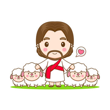 Cute Jesus and the sheep chibi cartoon character