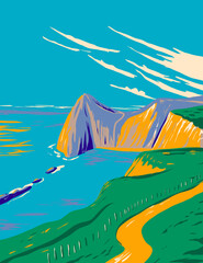 Fototapeta na wymiar Art Deco or WPA poster of Durdle Door on Man of War Bay in the Jurassic Coast near Lulworth in Dorset, England done in works project administration style.