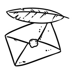 Cute cartoon envelope with a quill doodle image. Media highlights graphic symbol