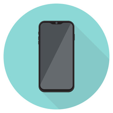 Mobile phone circle icon with long shadow. Flat design style. Smart phone simple silhouette. Modern, minimalist, round icon in stylish colors. Web site page and mobile app design vector element.