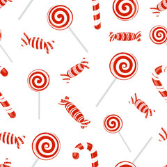 Seamless vector background with lollipops and round swirl candies. Vector graphics