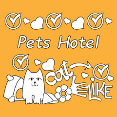 Cats cartoon banner. Pets hotel, text. Orange and white Vector illustration
