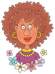 Smiling curly woman with an exotic afro hairdo, vector cartoon illustration isolated on a white background
