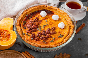 Traditional American pumpkin pie with pecans, homemade pumpkin pie top view, pumpkin baked
