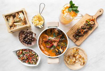 mixed spanish gourmet tapas sharing set selection on restaurant table