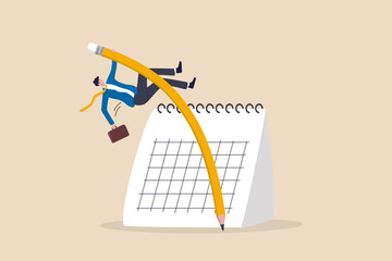 Flexible work schedule or challenge to overcome deadline or project timeline difficulty, project management or timetable concept, confidence businessman using pencil pole vault jumping over calendar.