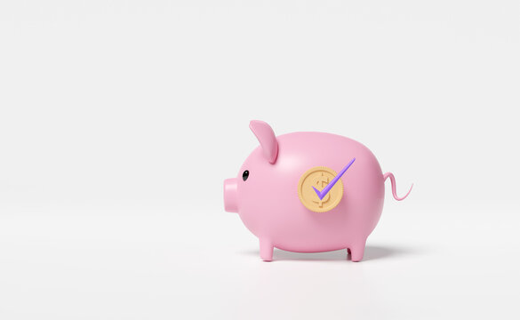 pink piggy bank with gold coins money,check isolated on white background.saving money concept,3d illustration or 3d render