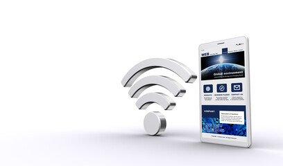 Wi-Fiアイコンとスマートフォン、Wi-Fiによる無線通信のイメージ