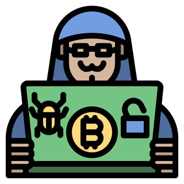 hacker with laptop, bitcoin, bug, unlock clip art preview