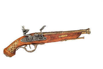 A model of an old pistol with a cocked trigger.