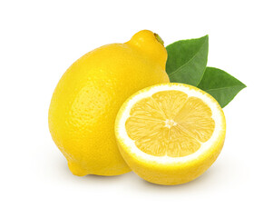 Ripe lemon fruit and slices with leaves isolated on white background, Juicy lemon.