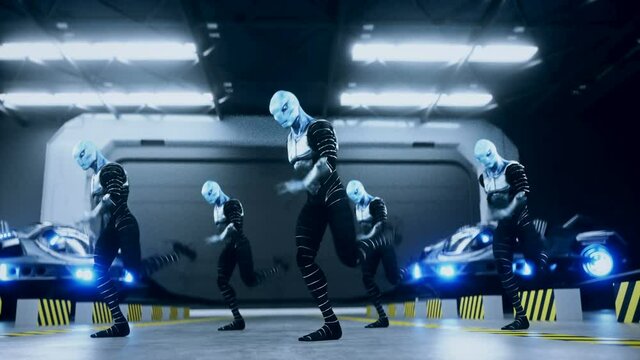 Funny military aliens dance in military space base. Realistic 4k animation.