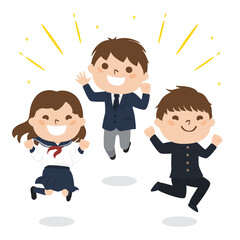 学生たちのイラスト。楽しそうにジャンプしてる制服姿の女の子と男の子たち。
