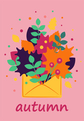 Decorative beautiful autumn card in сartoon flat style. Autumn leaves and berries in a envelope. The concept of enjoying the beautiful autumn. Colorful vector template for card, cover, flyer, poster.