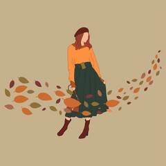 Woman in autumn clothes with flying leaves vector illustration.