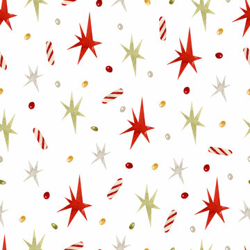 Christmas stars and confetti watercolor seamless pattern