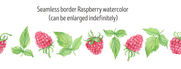 Raspberry watercolor juicy, fresh, border illustrations. Wild berry, flowers, leaves. Summer organic, harvest, vegetarian. Perfect for invitations and cards.