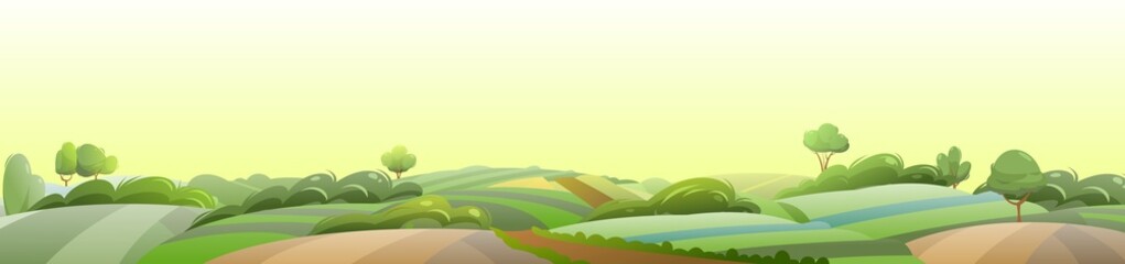 Obraz premium Rural vegetables and grassy hills. Farm cute landscape. Horizontal composition. Funny cartoon design illustration. Summer pretty sky. Flat style. Vector.
