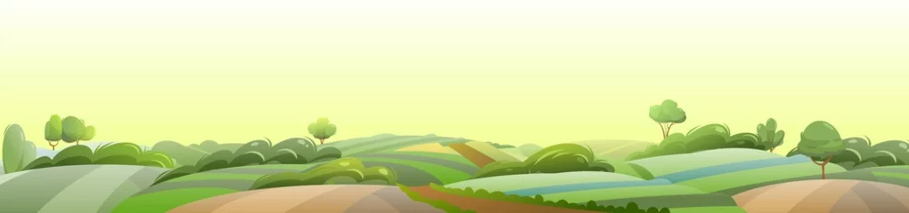 Poster Rural vegetables and grassy hills. Farm cute landscape. Horizontal composition. Funny cartoon design illustration. Summer pretty sky. Flat style. Vector. © Ирина Мордвинкина
