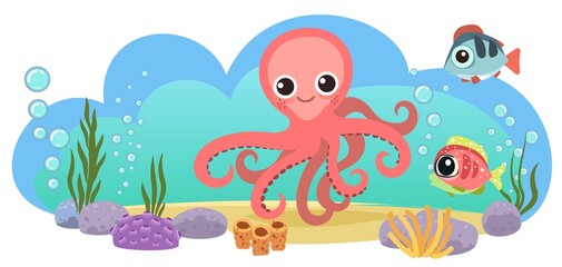 Octopus and fish. Little landscape. Underwater life. Wild animals. Ocean, sea. Summer water. Isolated on white background. Illustration in cartoon style. Flat design. Vector art