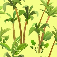 tropical background with jungle leaves. Thickets with palms in cartoon style. Seamless jungle pattern. Landscape with rainforest vector.