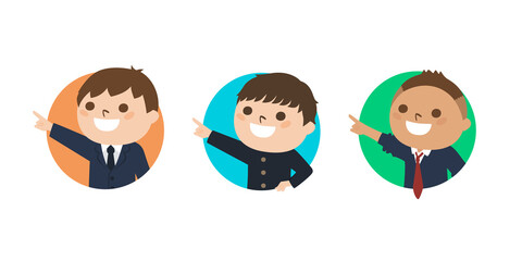 Fototapeta premium 男子学生たちのイラスト。円形の窓から指差してる笑顔の男の子たち。