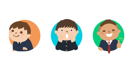 男子学生たちのイラスト。驚いてる男の子。親指でいいね！をしてる男の子。