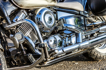 Motorcycle engine closeup. chrome engine parts. Shiny smooth details.