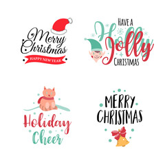 Set of four Christmas logotype or insignia. Cute cartoon Christmas tree. Vector