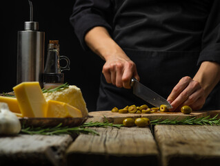The chef cuts olives on a wooden cutting board. Cheese, rosemary and other ingredients are on the table. Cooking pizza, salad, focaccia, pasta. Restaurant, hotel, cookbook.