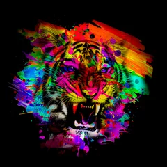 Tuinposter Colorful artistic tiger muzzle with bright paint splatters © reznik_val