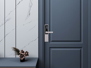 Digital door handle with blue door panel. Digital door lock systems for good safety of home apartment door.  - obrazy, fototapety, plakaty