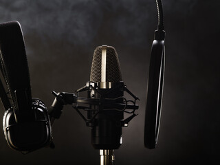 Modern microphone and pop filter. Gray background and smoke in the background. Minimalism....