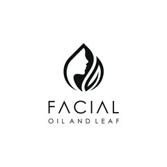 Face Logo Design, Leaf Drops Oil With Silhouette of Beautiful Woman's Face  