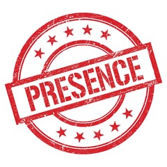 PRESENCE text written on red vintage stamp.