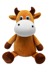Sitting cow soft toy isolated on white background. Isolate.
