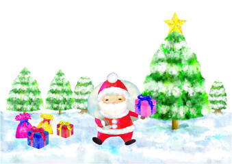 クリスマス　サンタクロース　手描き　水彩