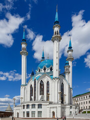 Kazan Kremlin on a sunny summer day. Beautiful big mosque, the symbol of Islam. Cultural European city. A place for tourism, recreation and business. Photo for the site, booklet, book.